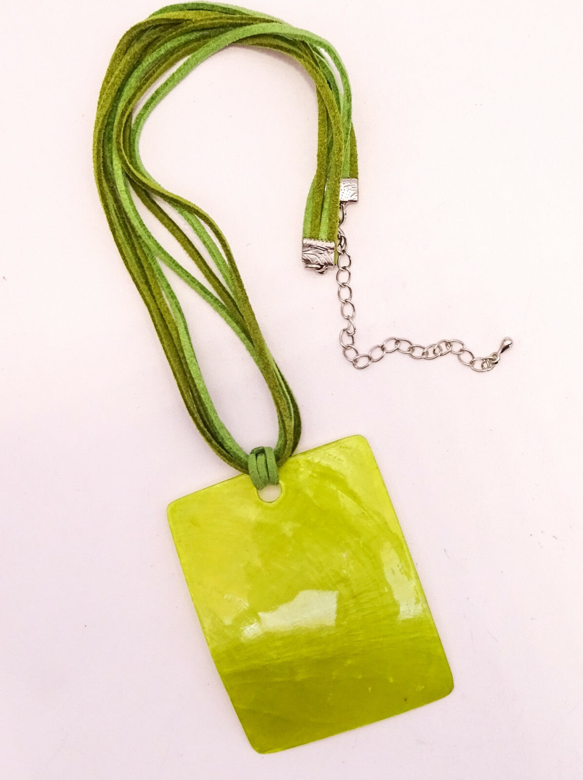 Green Leather Necklace w/ Large Shell Pendant Boho Hippie 16" - 19"