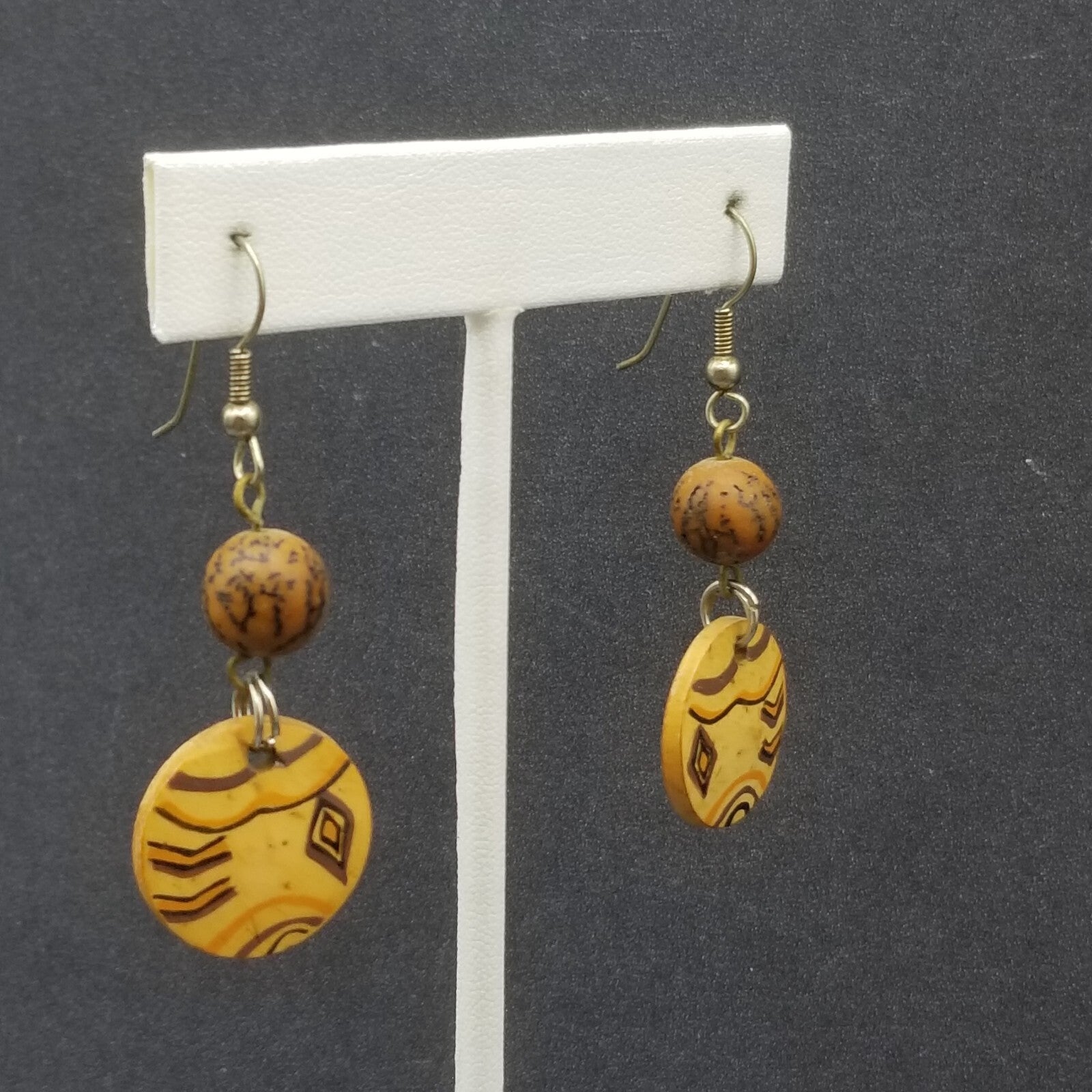 Pierced Earrings Silver tone Wooden Ethnic Statement Dangle 1 3/8"