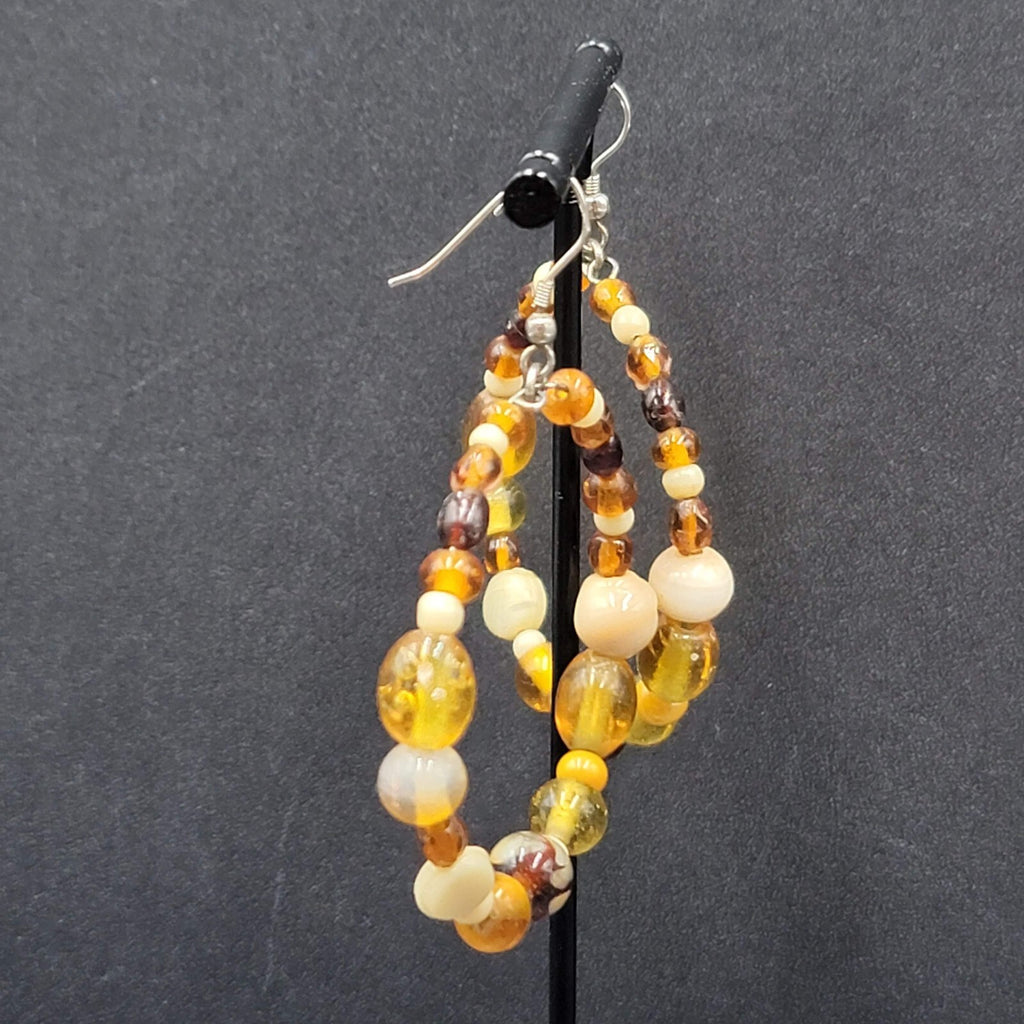 Pierced Earrings Silver tone Brown Glass Bead Hoops 2"