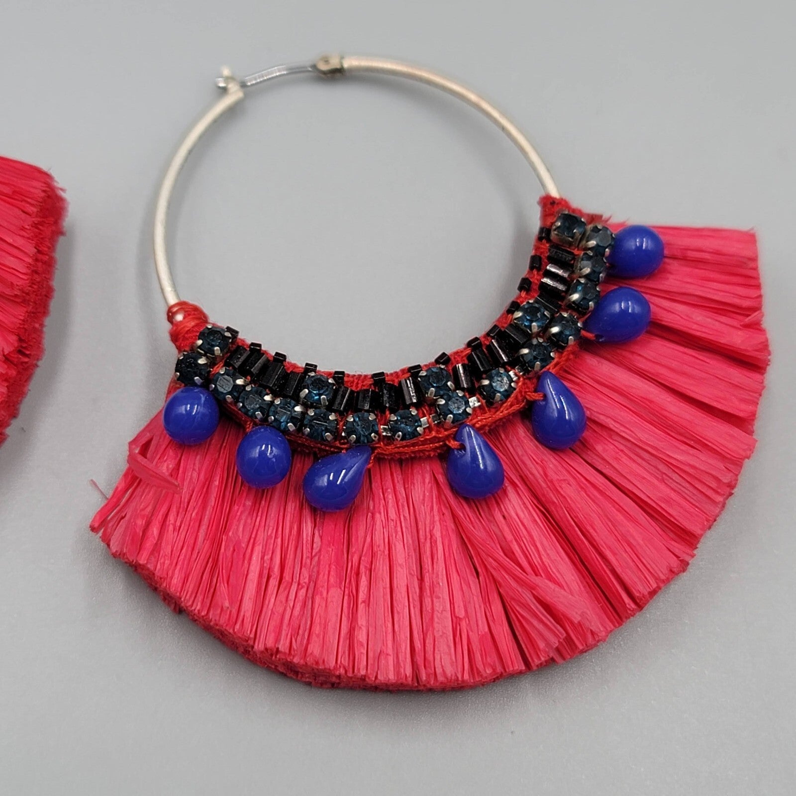 Large Statement Red Rattan Pierced Earrings Purple Bead Hoops 3"