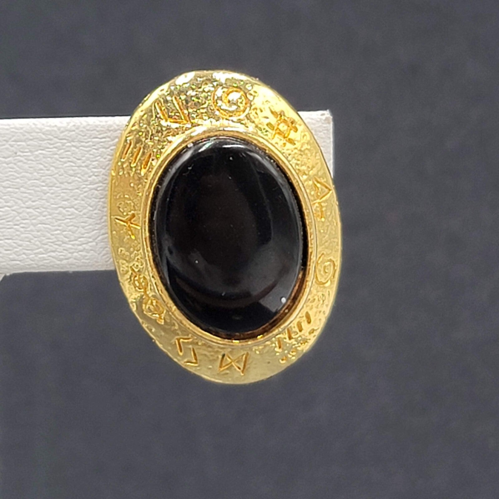 Vintage Runes Clip on Earrings Gold Plated Black Oval 1 1/8"