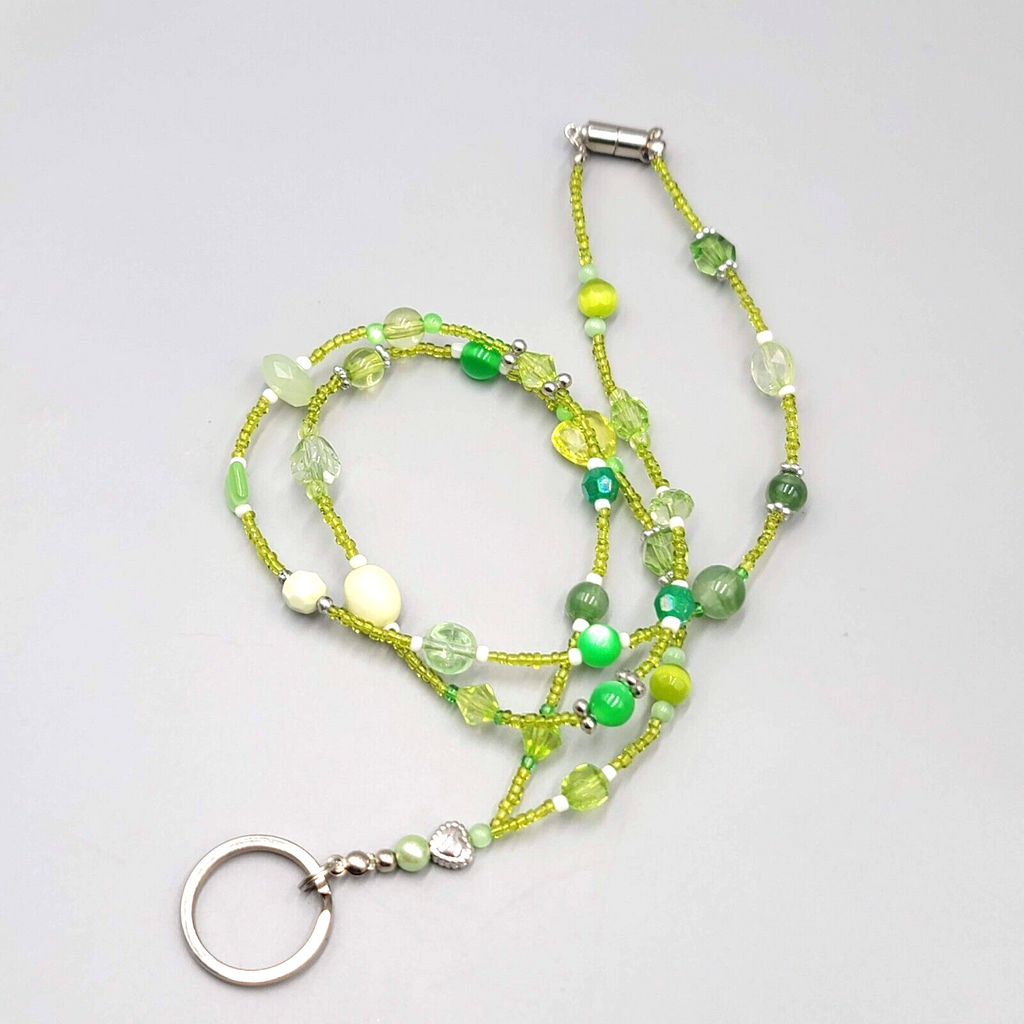 Green Bead Lanyard Necklace Silver tone Keychain Necklace 32" Magnet Closure