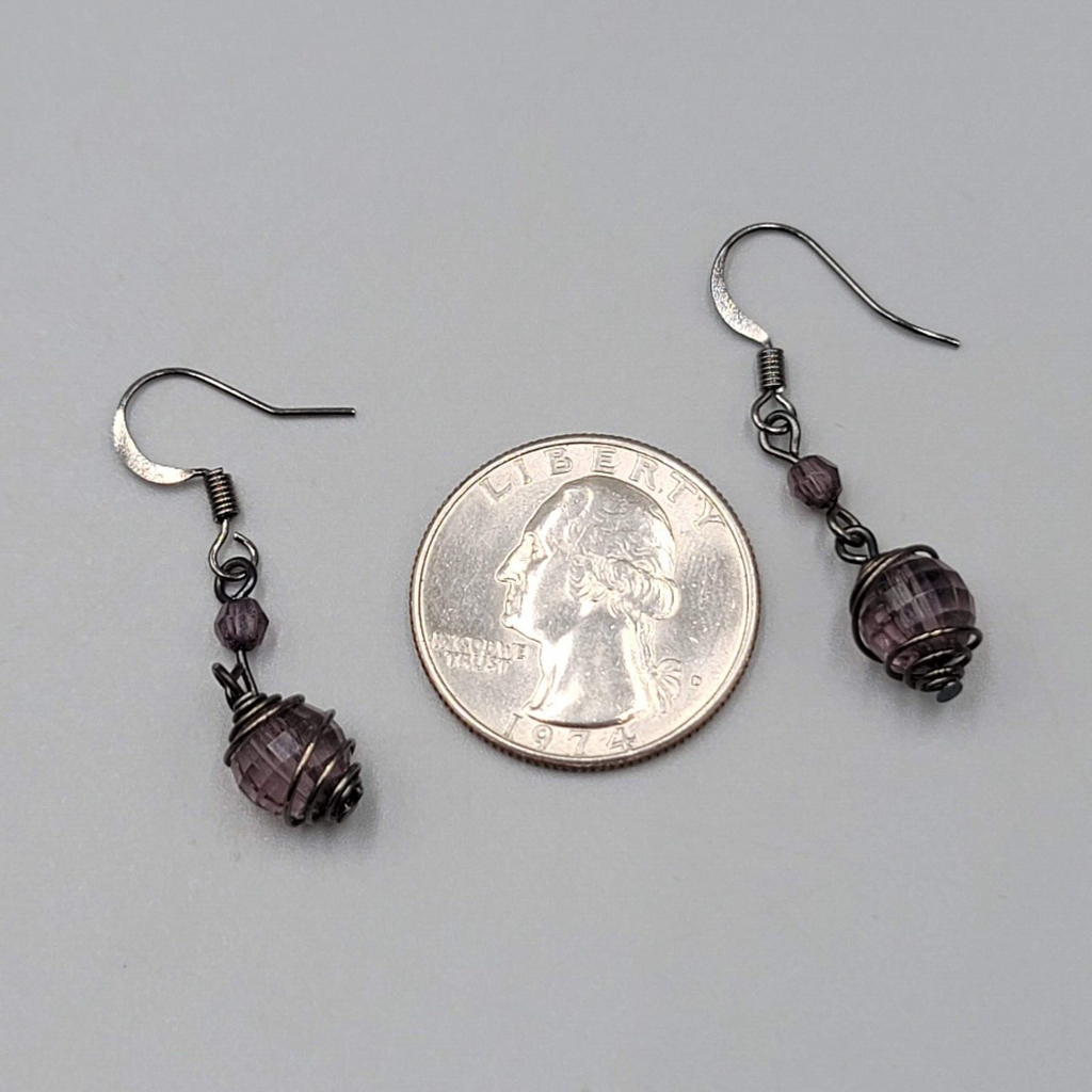 Purple Caged Bead Pierced Earrings Black Metal Dangle 1"