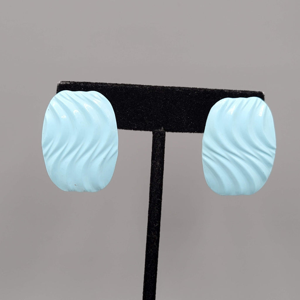 Vintage Pierced Earrings Light Blue Enamel Wavy Rectangle 1.25"