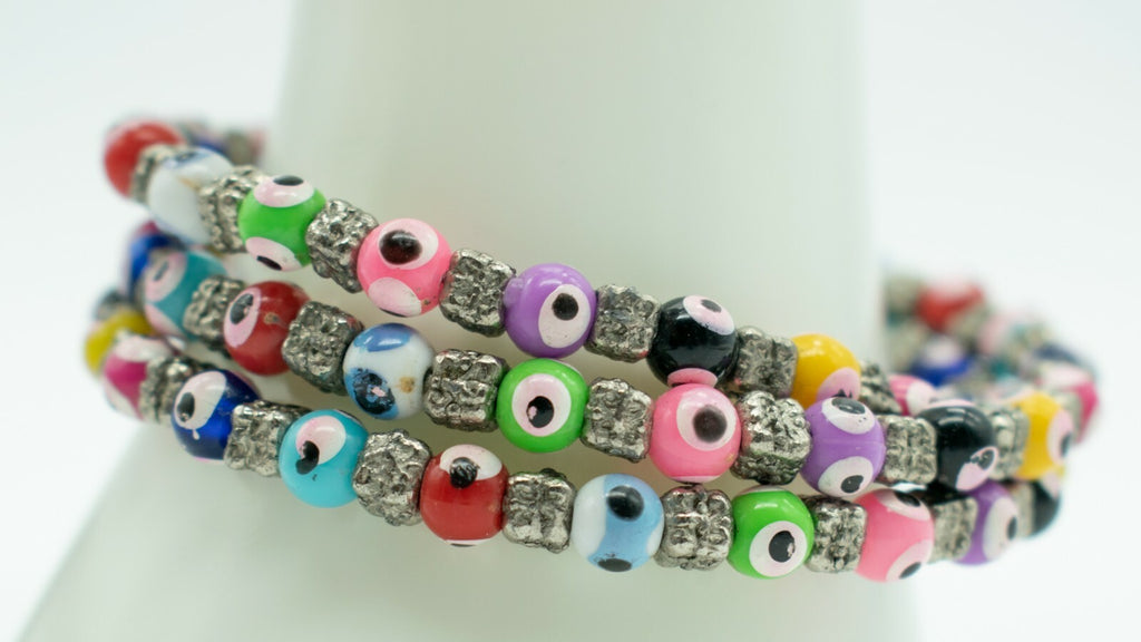 Evil Eye Bracelet Glass Bead Memory Wire Multi Color Silver tone