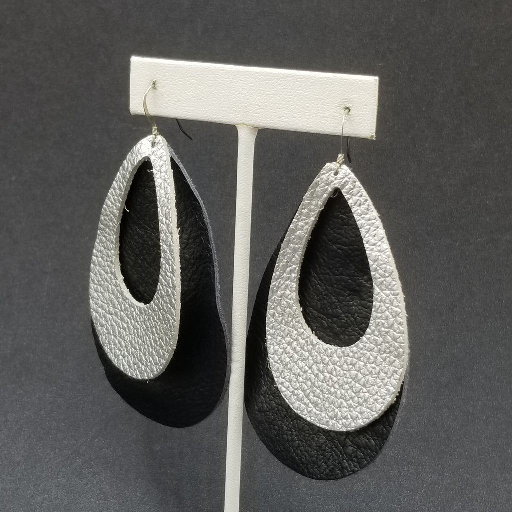 Pierced Earrings Sterling Silver Leather Teardrop Light weight Dangle 3 1/4"