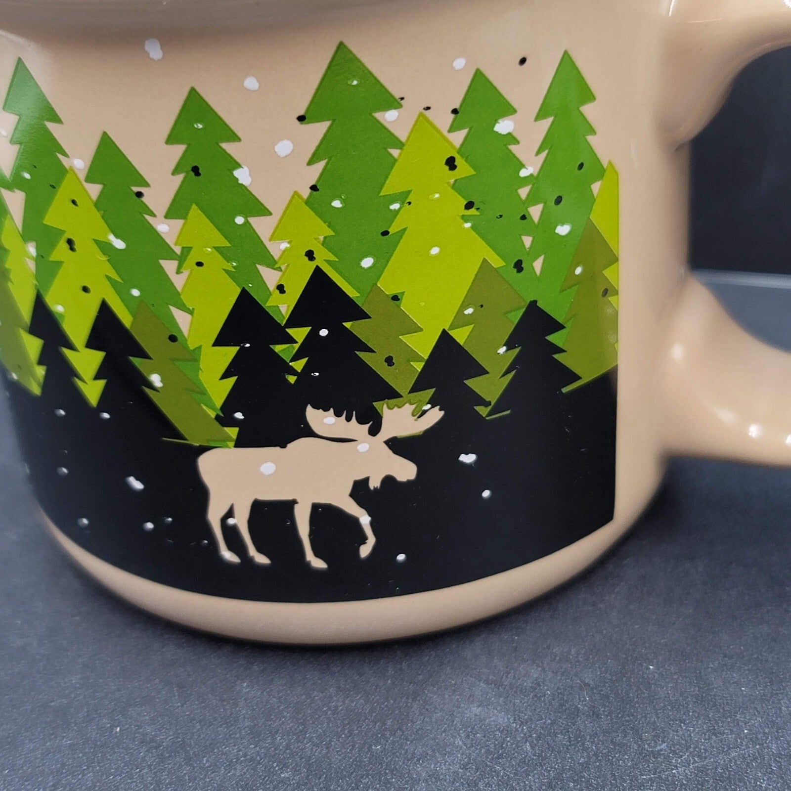 Lazy One Mug Tan Green Snowy Woodland Trees Moose Coffee Cup