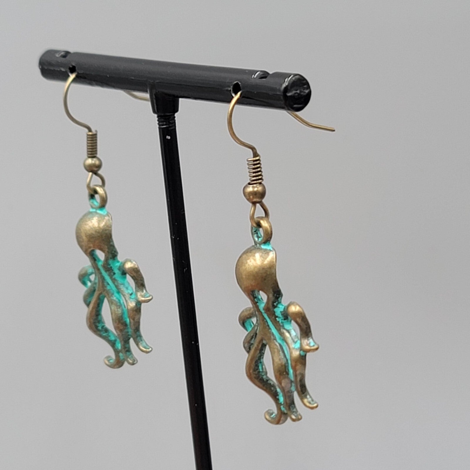 Octopus Beach Sea life Pierced Earrings Bronze tone Green wash Dangle 1 1/8"