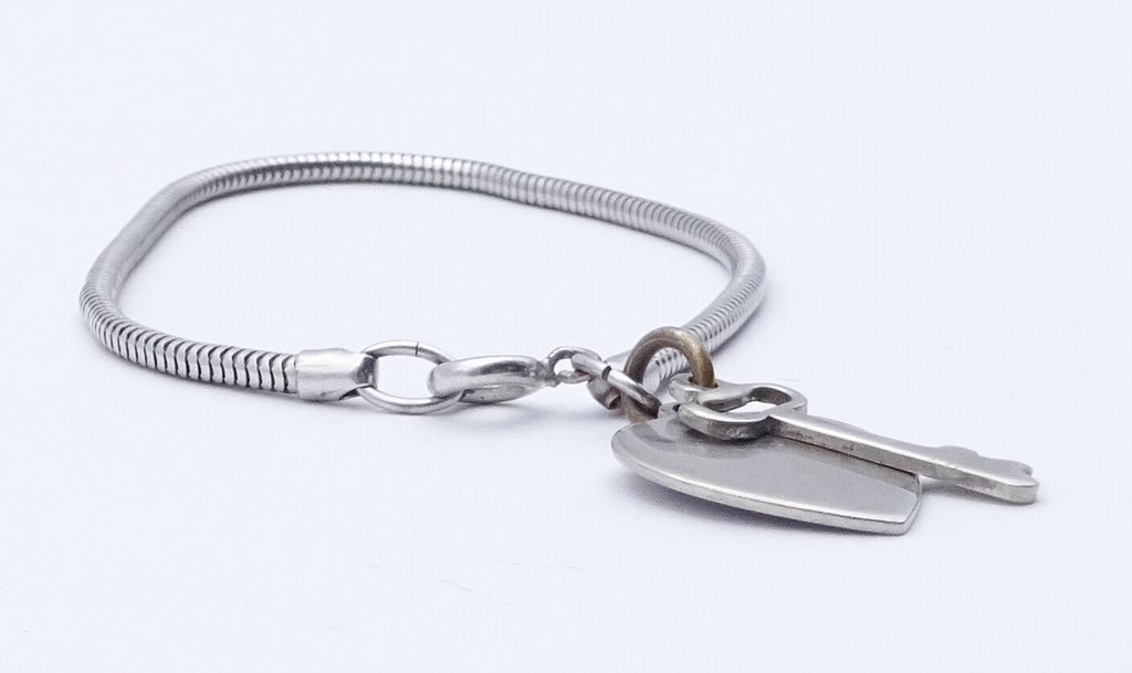 Vintage Silver tone Snake Chain Bracelet With Heart and Key 7 in