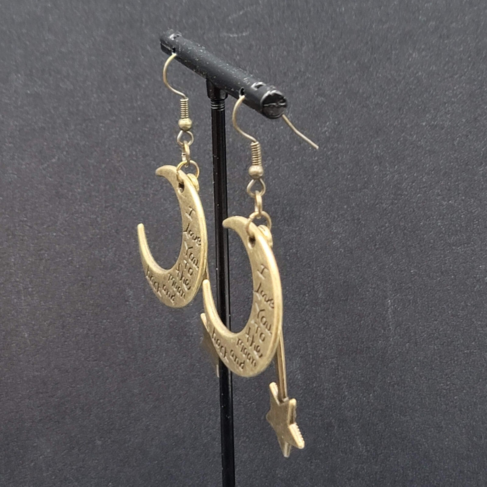 Pierced Earrings Bronze tone I Love You to the Moon and Back Metal Dangle 2"