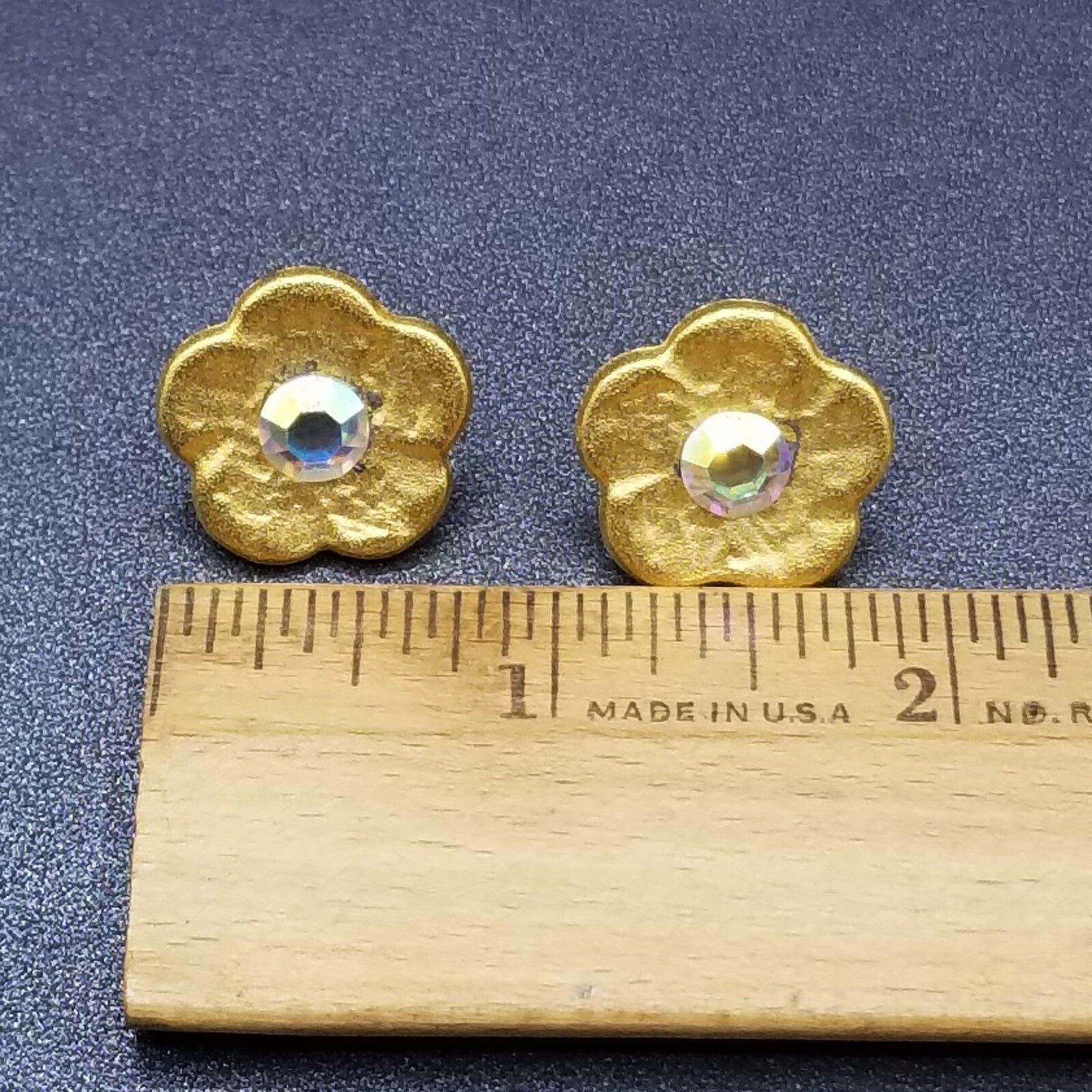 Pierced Earrings Gold tone Glower Aurora Borealis Crystal Stud 3/4'