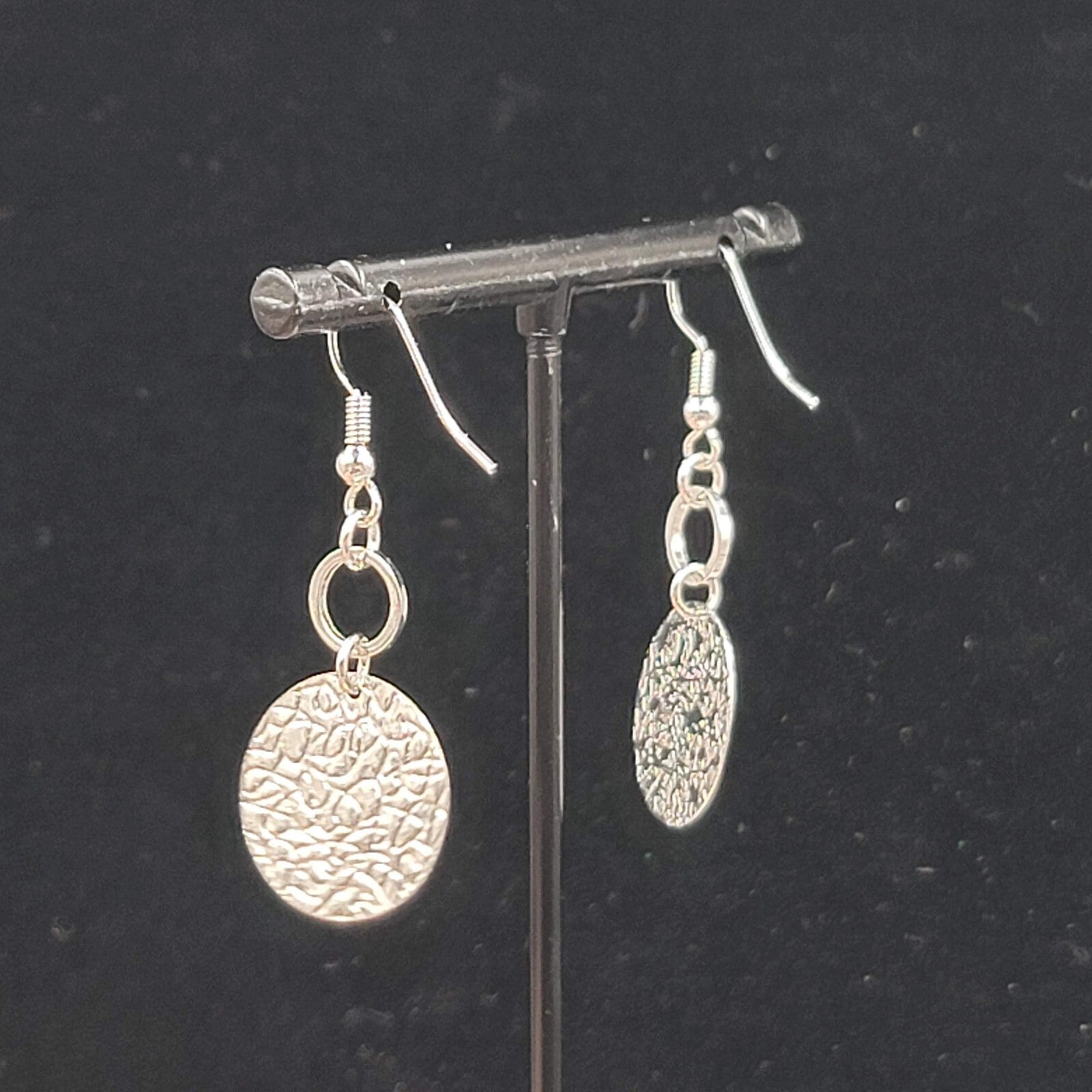 Embossed Circle Pierced Earrings Silver tone Dangle 1.25"