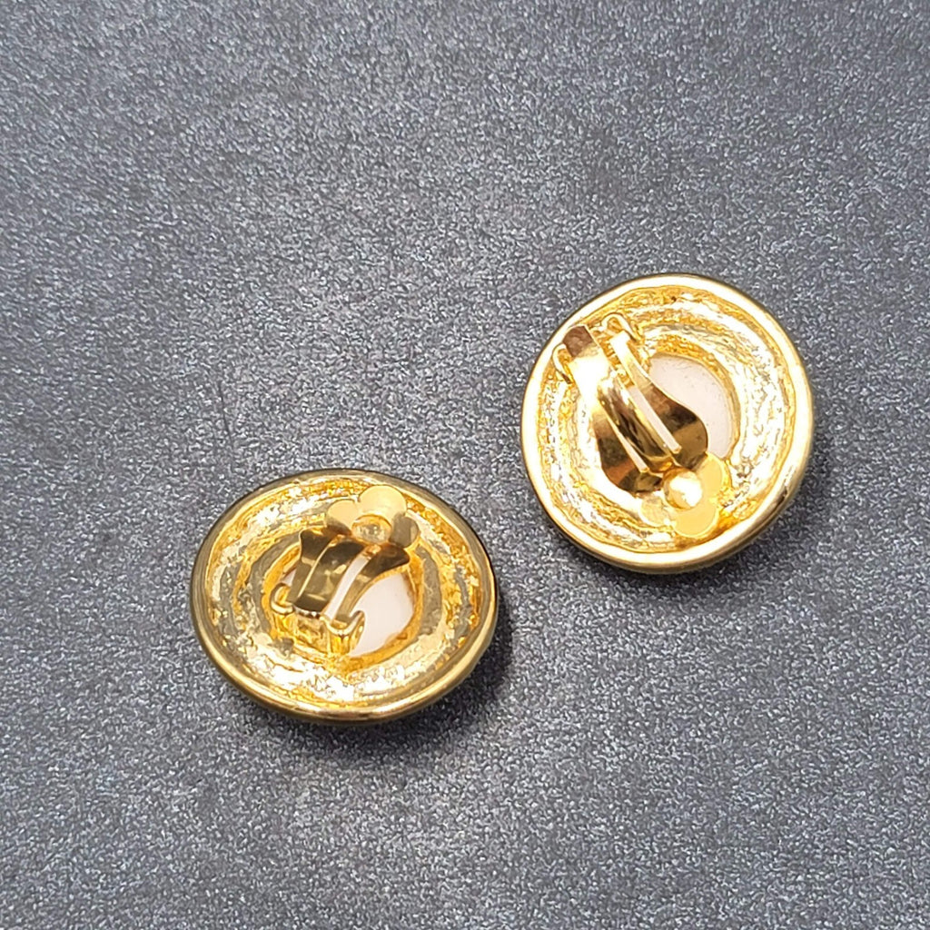 Vintage Clip on Earrings Gold tone White Acrylic Dome Drop Studs 1"