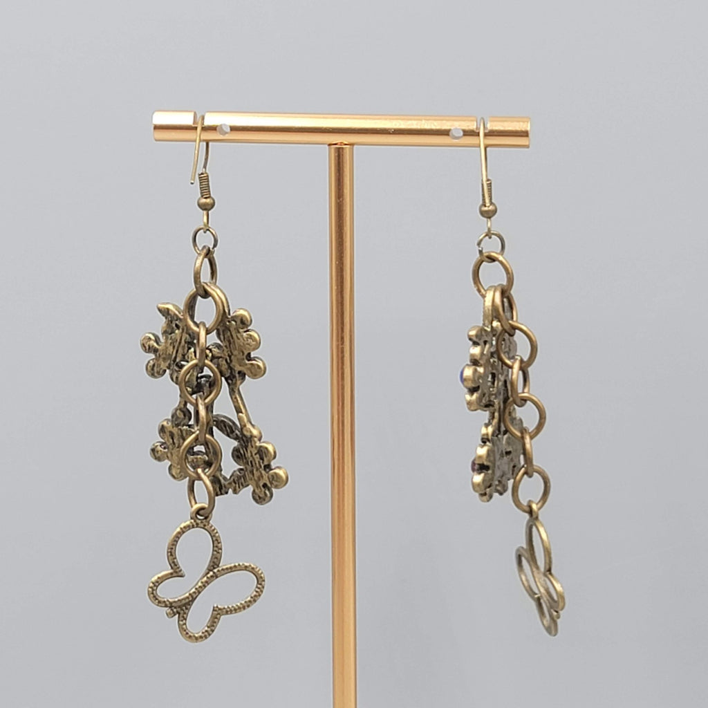 Multicolor Rhinestone Butterfly Pierced Earrings Bronze toen Dangle 2.5 in