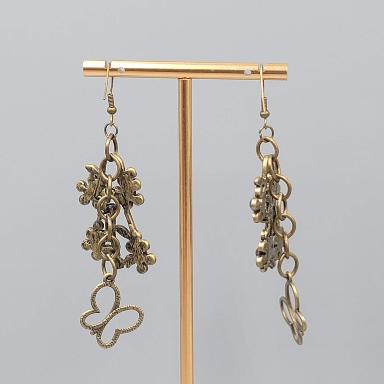 Multicolor Rhinestone Butterfly Pierced Earrings Bronze toen Dangle 2.5 in
