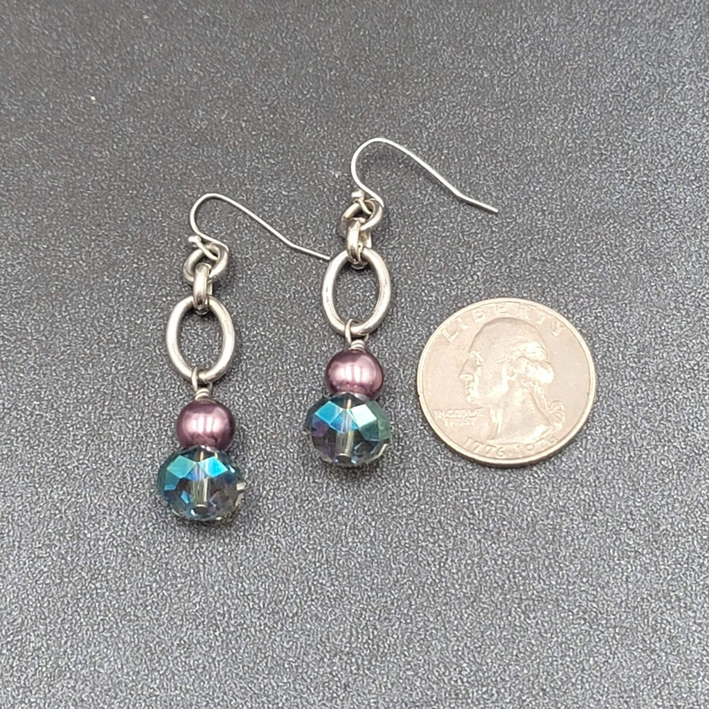 Pierced Earrings Silver tone Blue Crystal Pearl Beaded Dangle 1.75"