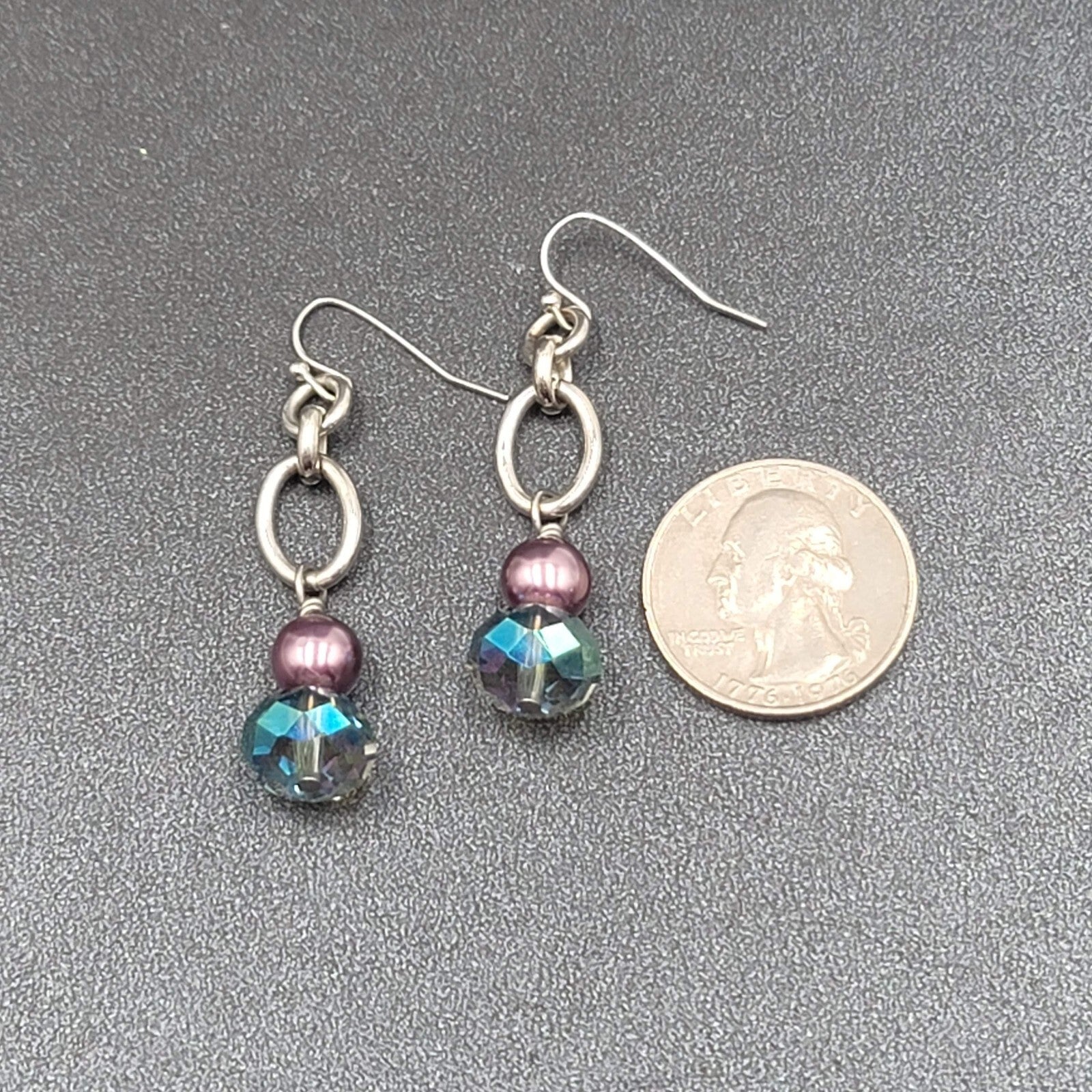 Pierced Earrings Silver tone Blue Crystal Pearl Beaded Dangle 1.75"