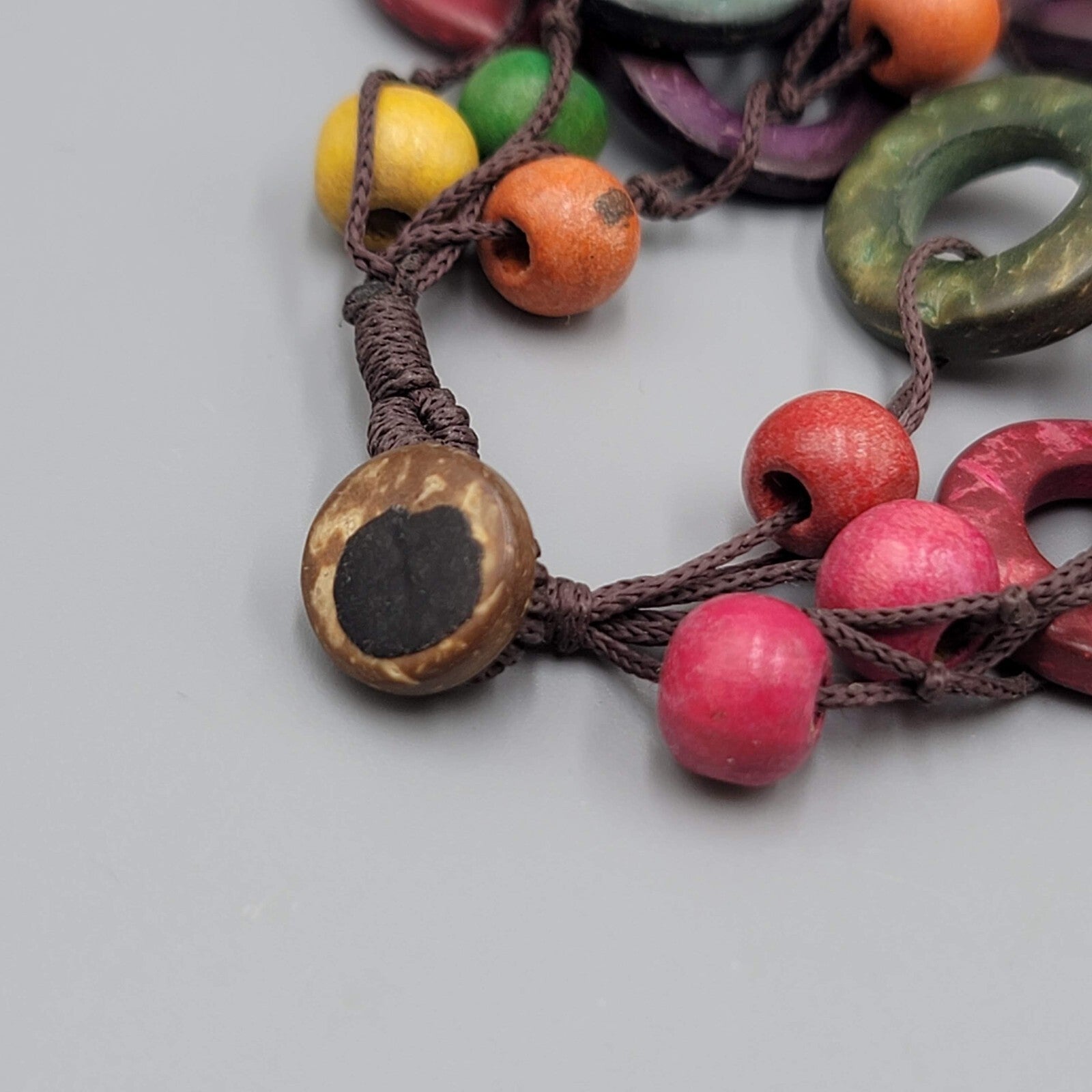 Multicolor Coconut Shell and Wood Bead Bracelet Button Closure 7.5"
