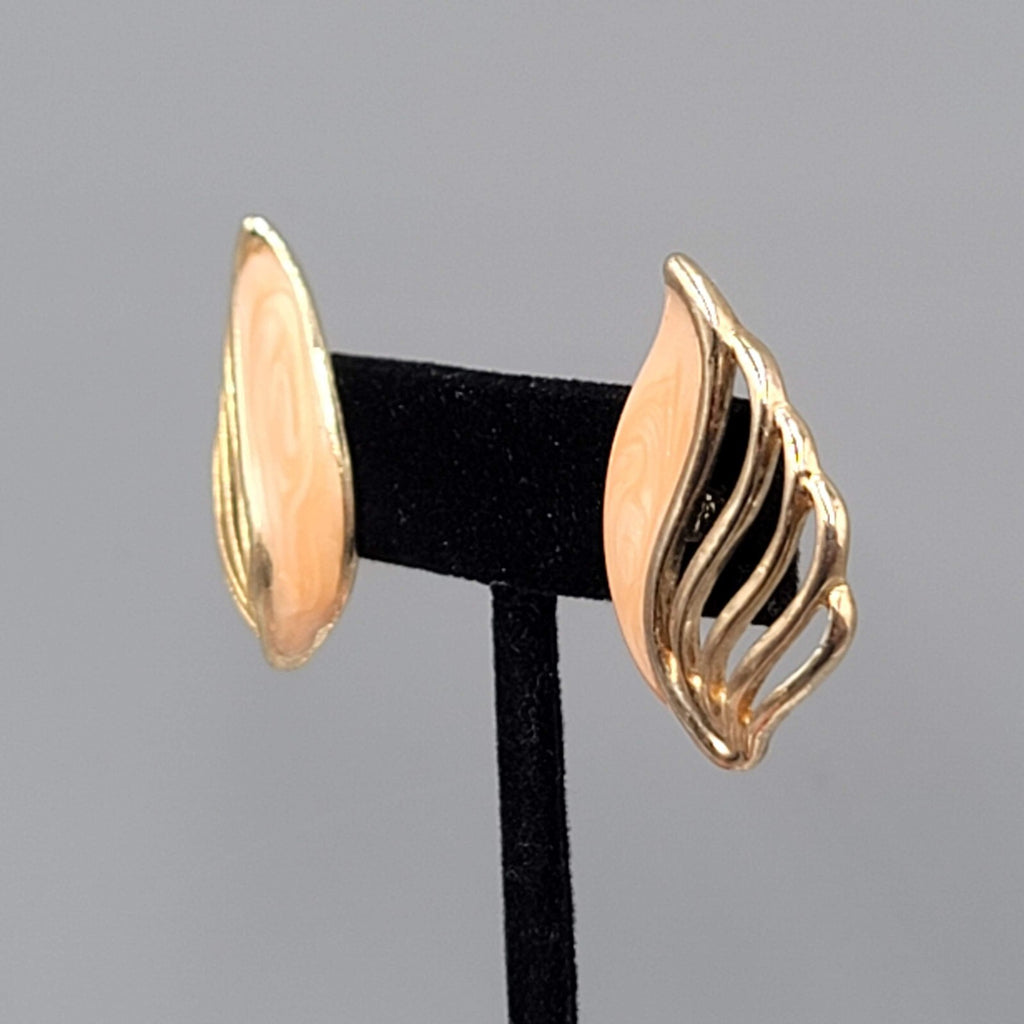 Vintage Pierced Earrings Peach Enamel Gold tone Climber Fan 1.25"