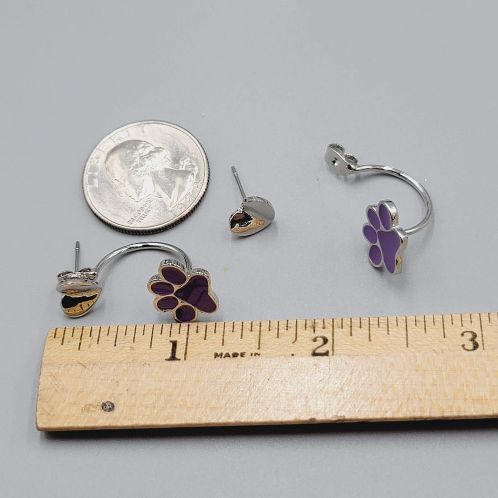 Pierced Earrings Purple Enamel Paw Drop Jacket Silver tone 1.25"