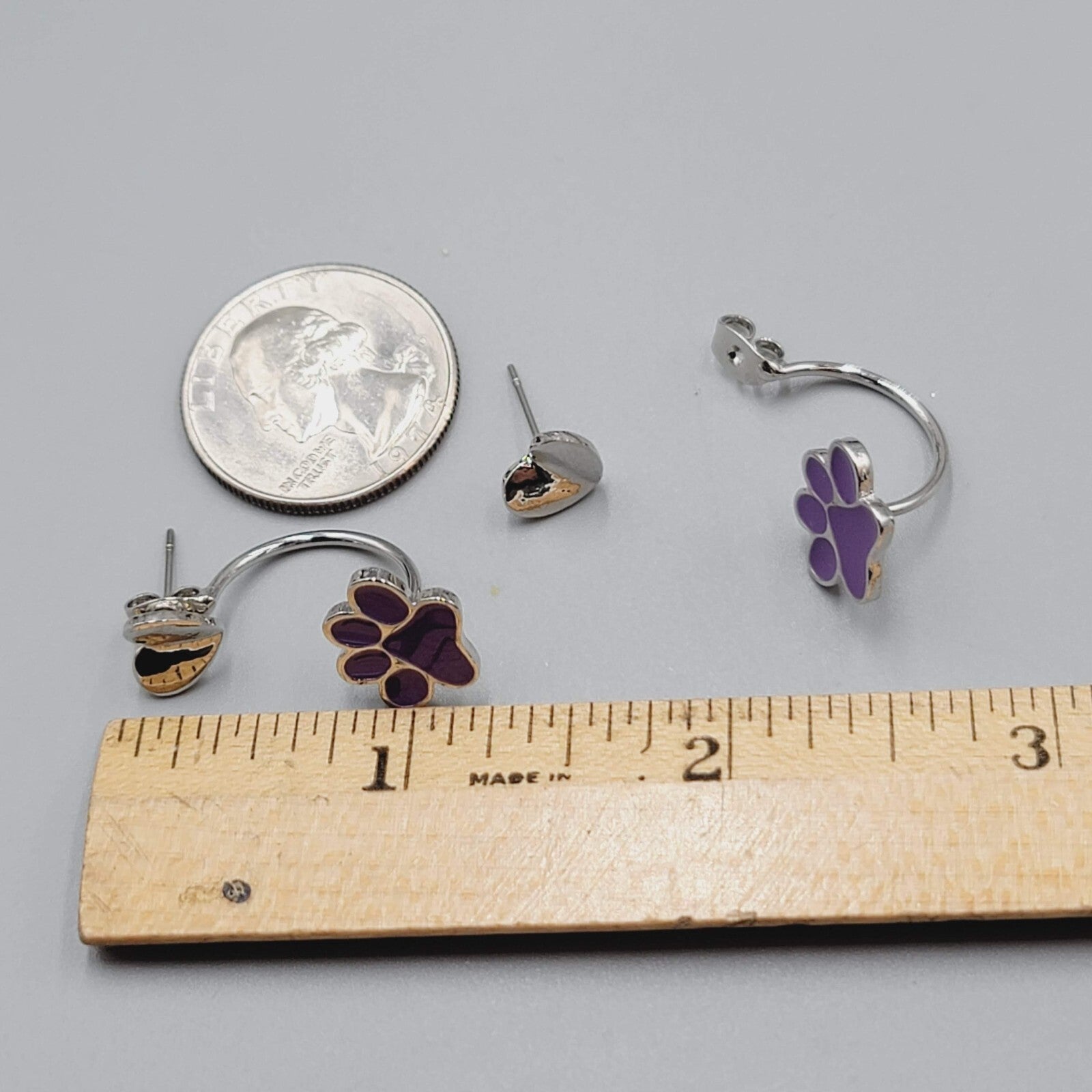 Pierced Earrings Purple Enamel Paw Drop Jacket Silver tone 1.25"