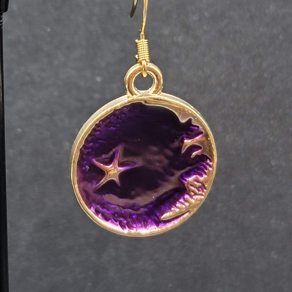 New Round Moon Pierced Earrings Gold tone Purple Enamel Dangle 1"