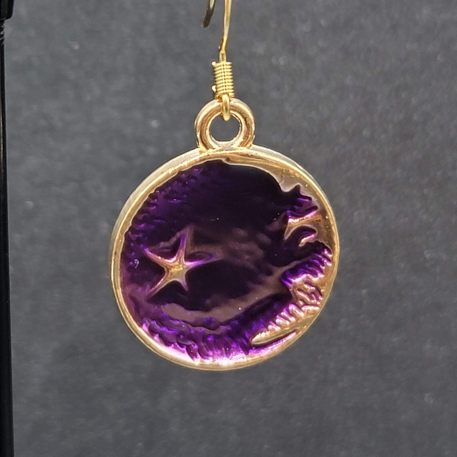 New Round Moon Pierced Earrings Gold tone Purple Enamel Dangle 1"