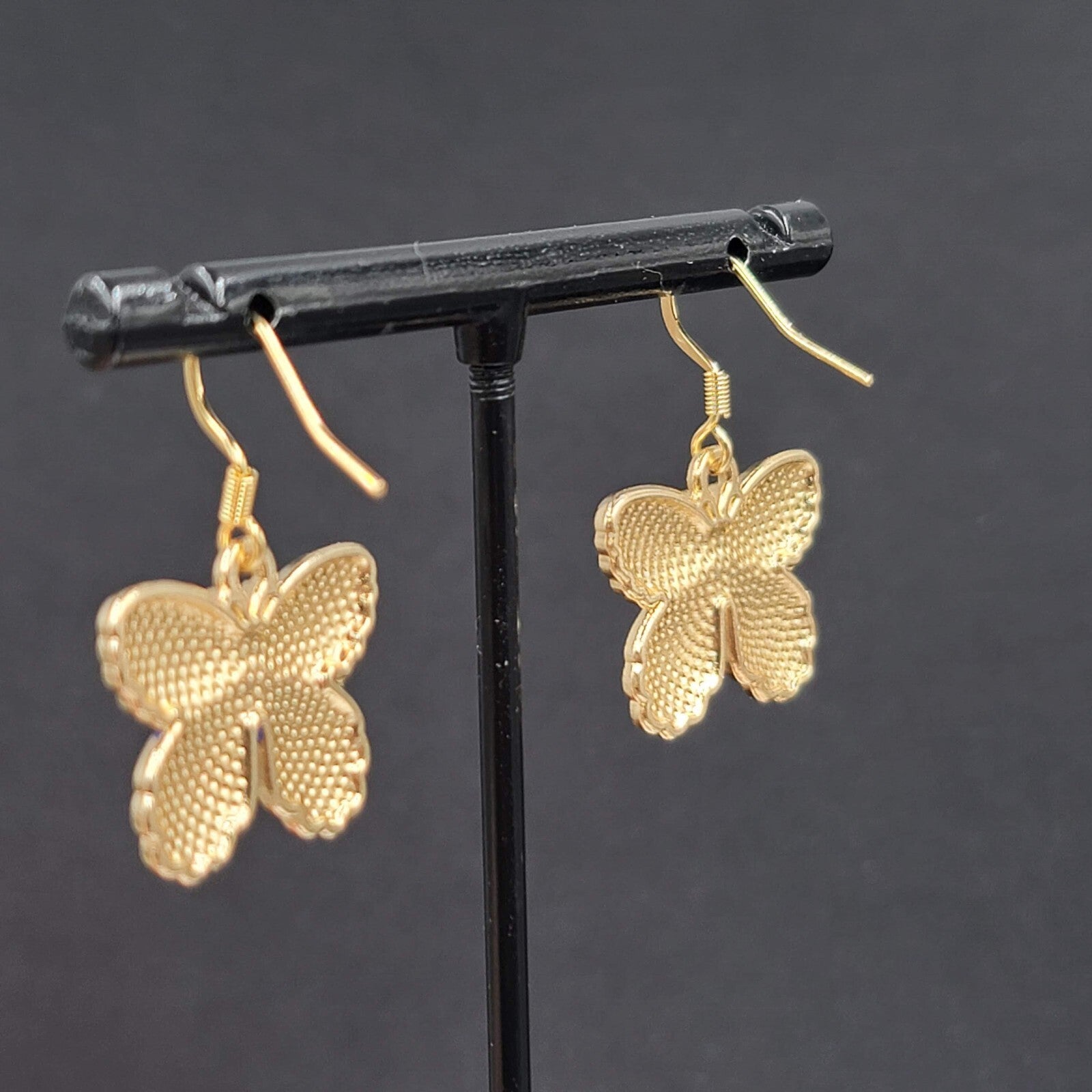 Blue Moth Enamel Pierced Earrings Gold tone Dangle Butterfly 3/4"