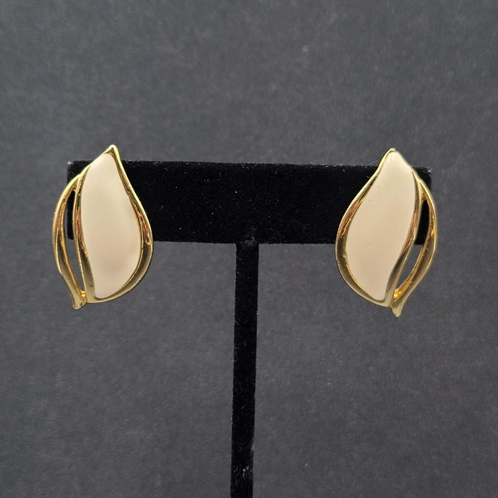Vintage Pierced Earrings White Enamel Gold Plated Drop 1.25"