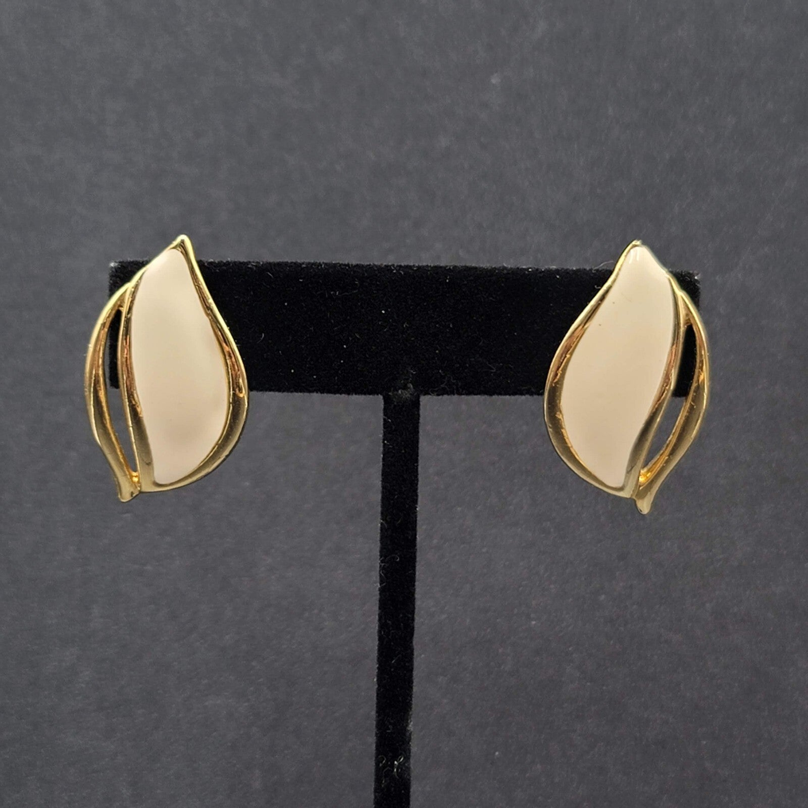 Vintage Pierced Earrings White Enamel Gold Plated Drop 1.25"