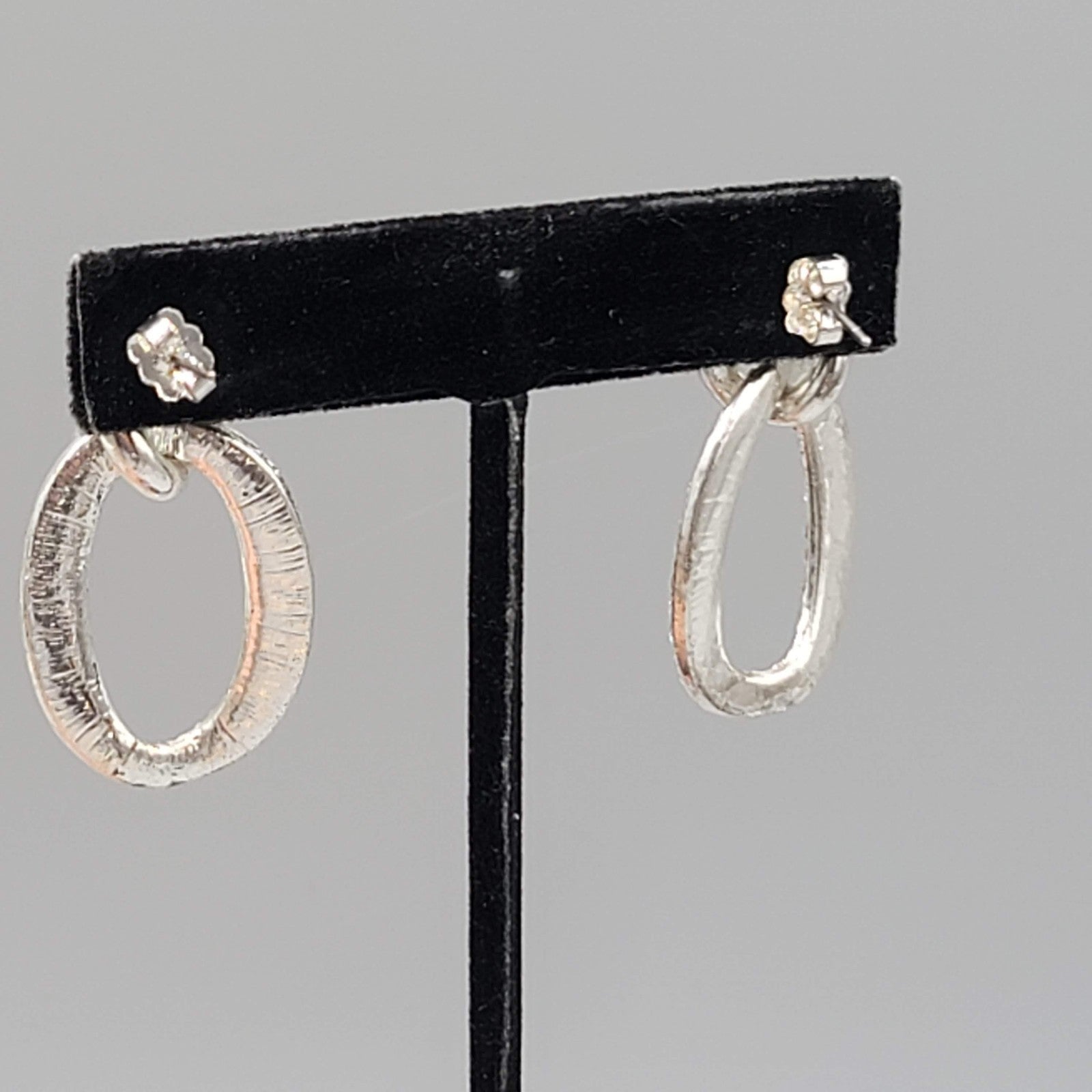 Pierced Earrings Rhinestone Silver tone Dangle Open Work Double Link 1.5"