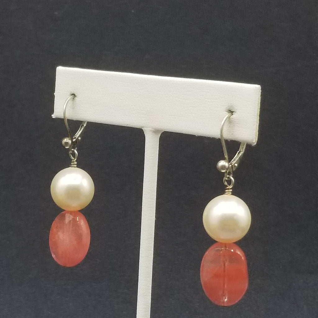 Pierced Earrings Silver tone Faux Pearl Faceted Quartz Beaded Dangle 1 1/4"