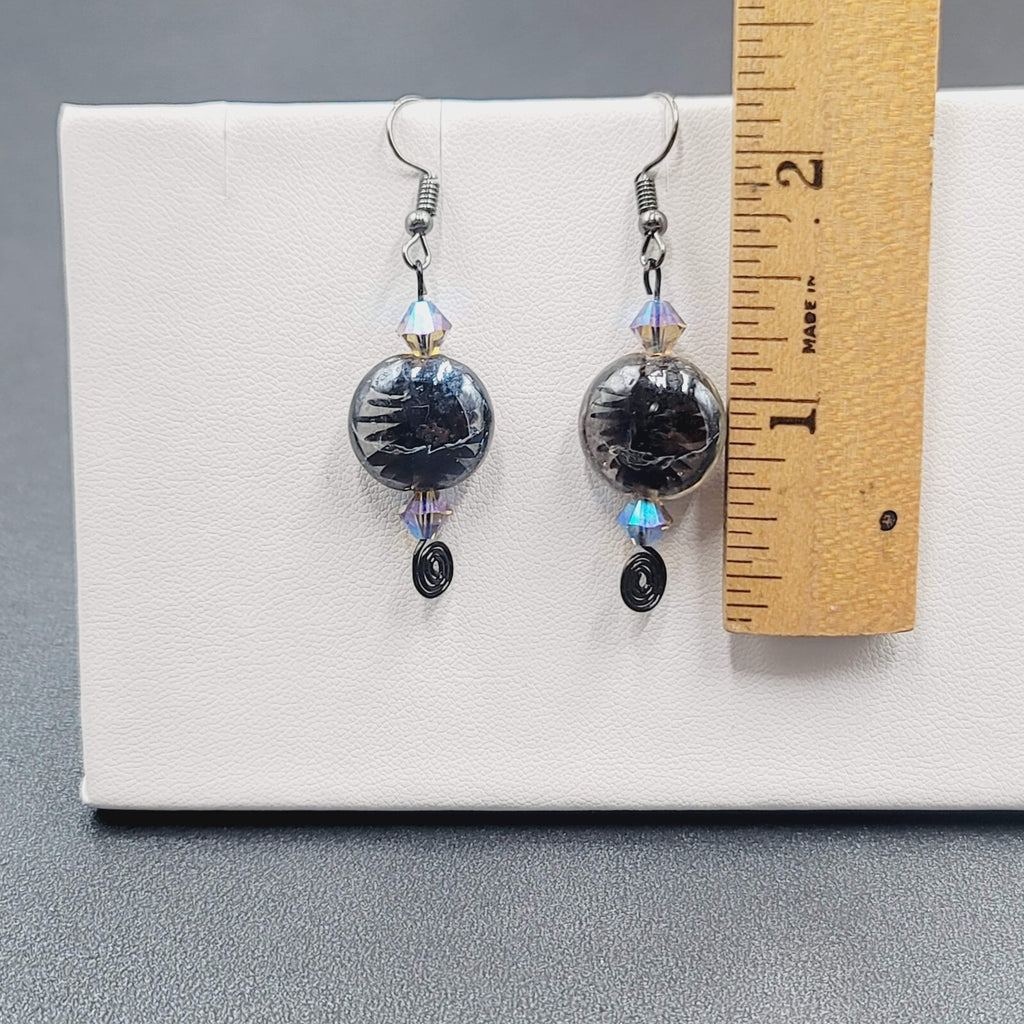 Pierced Earrings Black Art Glass Bead Crystal Black Wire Dangle 1.5"