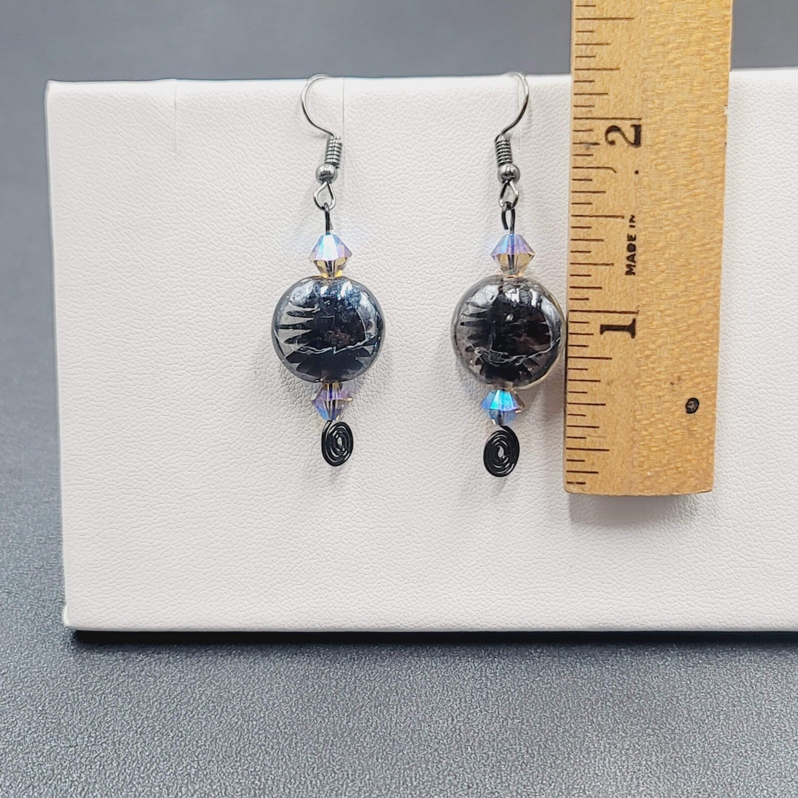 Pierced Earrings Black Art Glass Bead Crystal Black Wire Dangle 1.5"