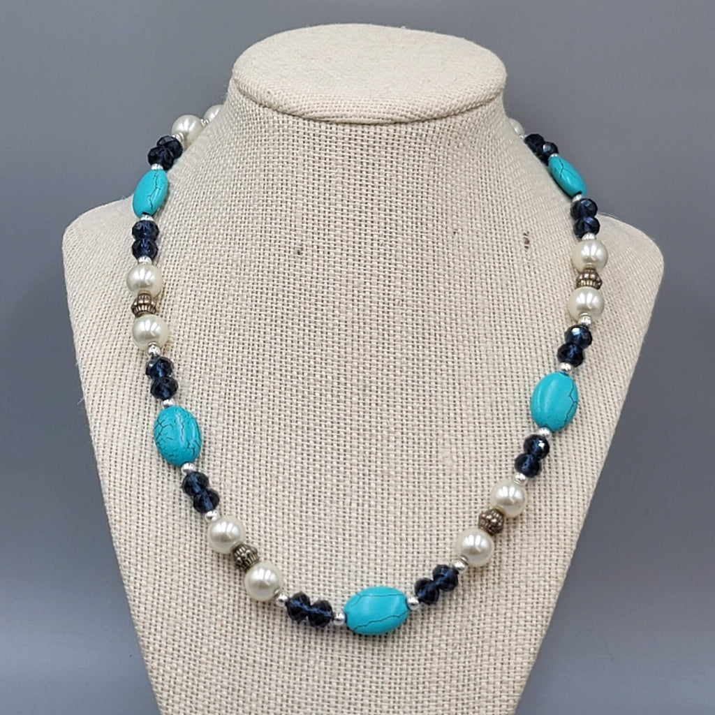 Blue Stone Bead Necklace Blue White Silver tone 18"