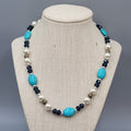 Blue Stone Bead Necklace Blue White Silver tone 18"