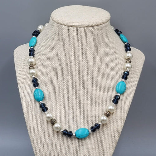 Blue Stone Bead Necklace Blue White Silver tone 18"