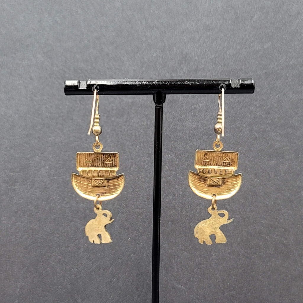 Vintage Noahs Ark Pierced Earrings Gold tone Elephant Dangle 1.25"