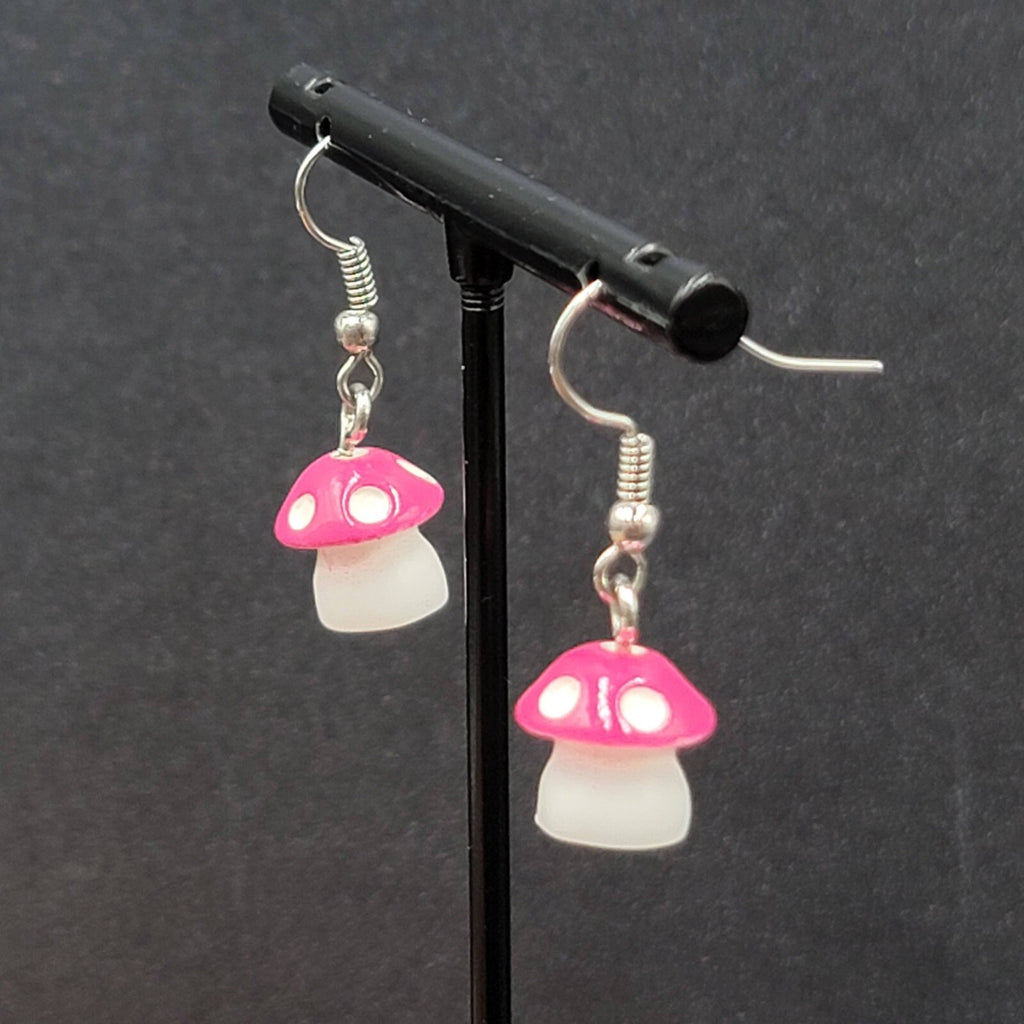 Pink Mushroom Pierced Earrings White Polka Dots Dangle 5/8"
