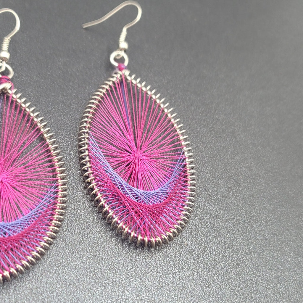 Pierced Earrings Silver tone Pink Purple String Art Dangle 2.5"