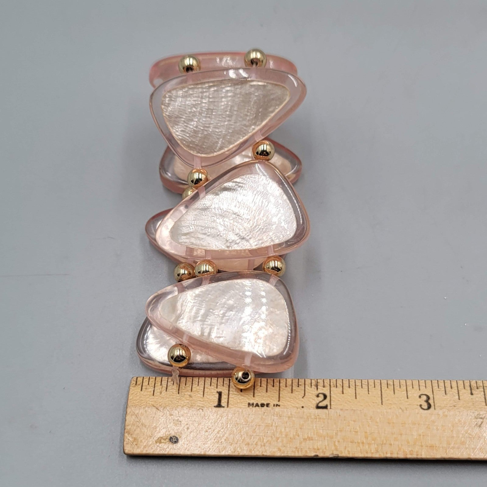 Large Pink Acrylic Statement Bracelet Gold tone Spacer Beads 6.5"