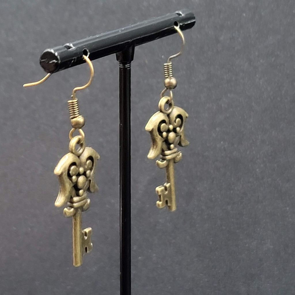Fancy Skeleton Key Pierced Earrings Bronze tone Dangle NEW  1 1/8"