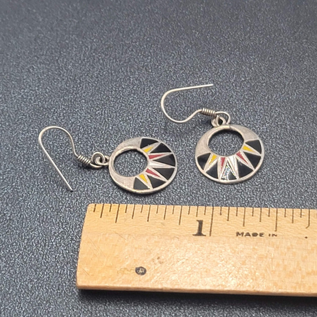 Mexico Sterling Silver Pierced Earrings Enamel Red Black Yellow 925. 5/8"