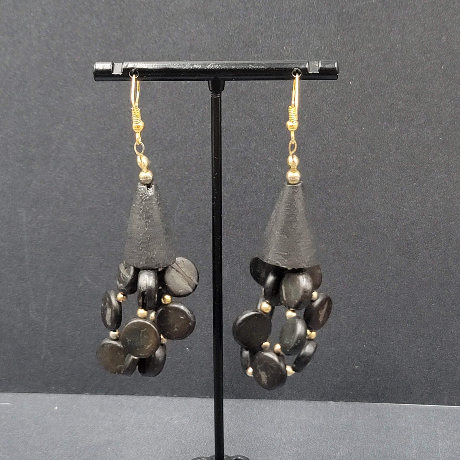 Vintage Pierced Earrings Black Coconut Beaded Statement 2.5"