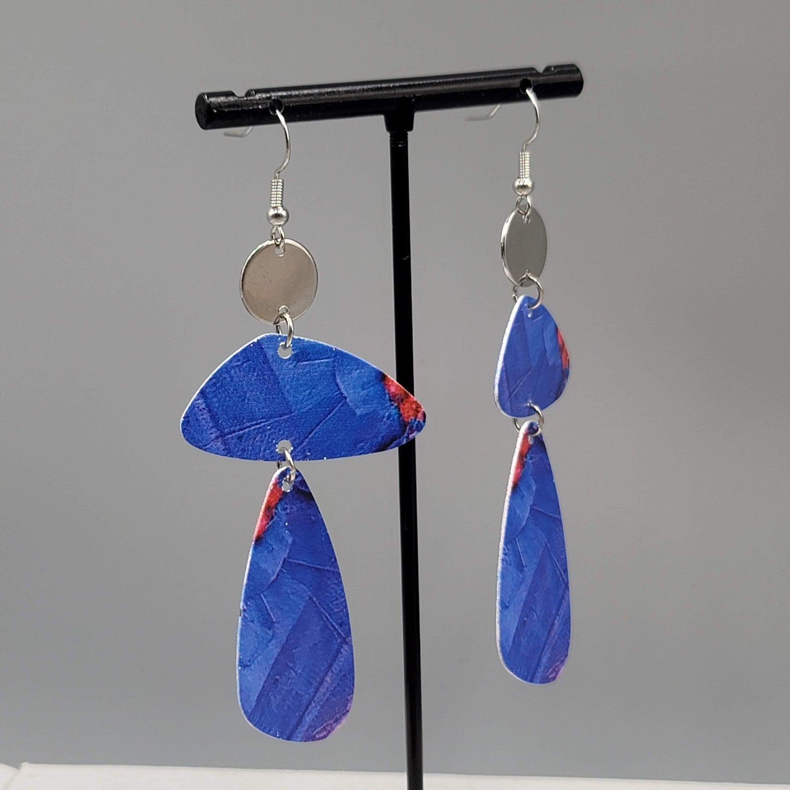 Long Statement Pierced Earrings Silver tone Blue Geometric Statement Dangle 3"