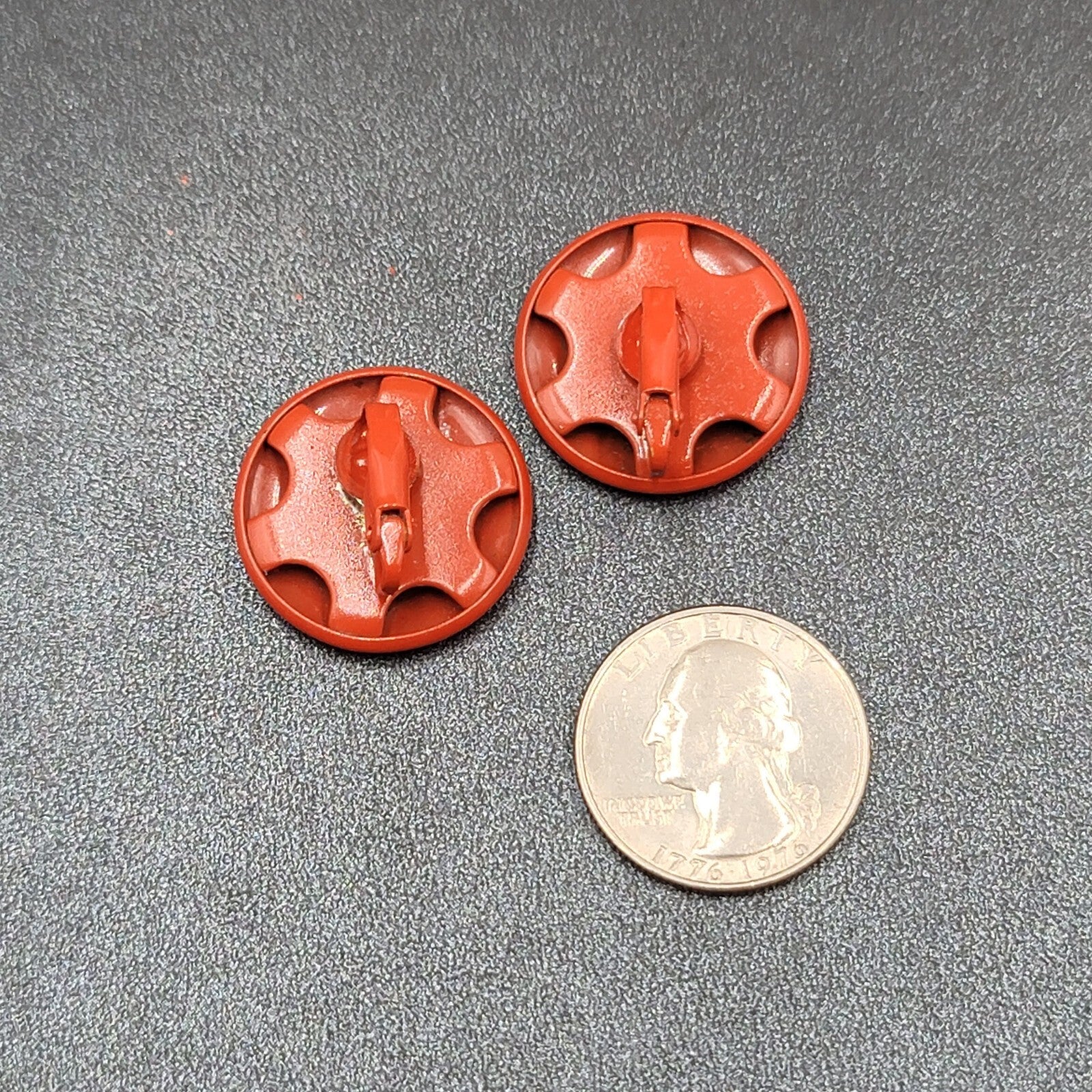 Vintage Clip on Earrings Dark Orange Red Enamel Circle Button Studs 1"