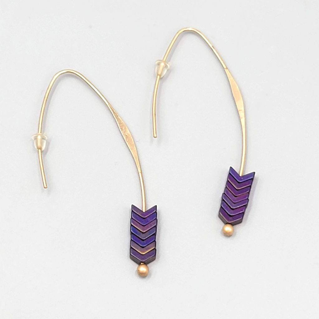 Purple Stone Thin Hook Pierced Earrings Gold tone Drop 2"