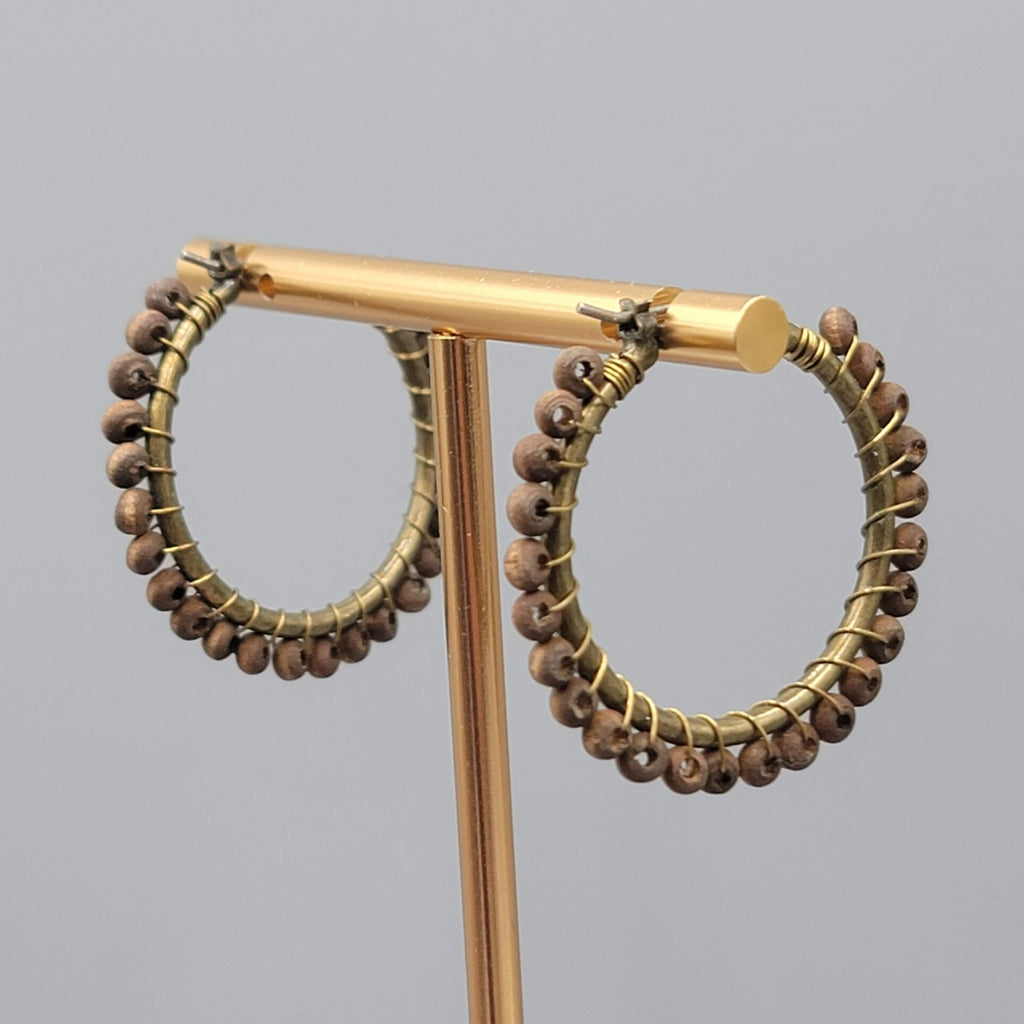 Wood Bead Hoops Pierced Earrings Bronze tone 1 3/8 in