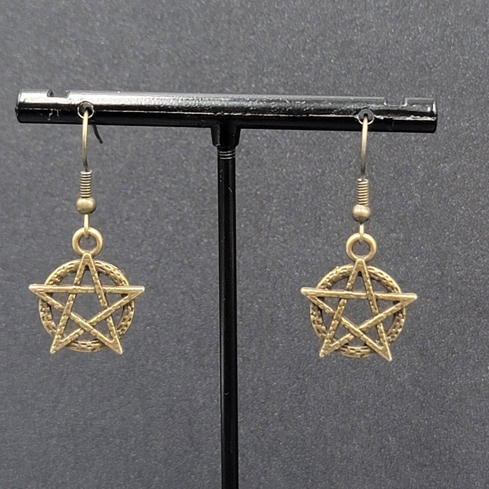 New Pentagram Pierced Earrings Pentacle Star Bronze tone Dangle 1"