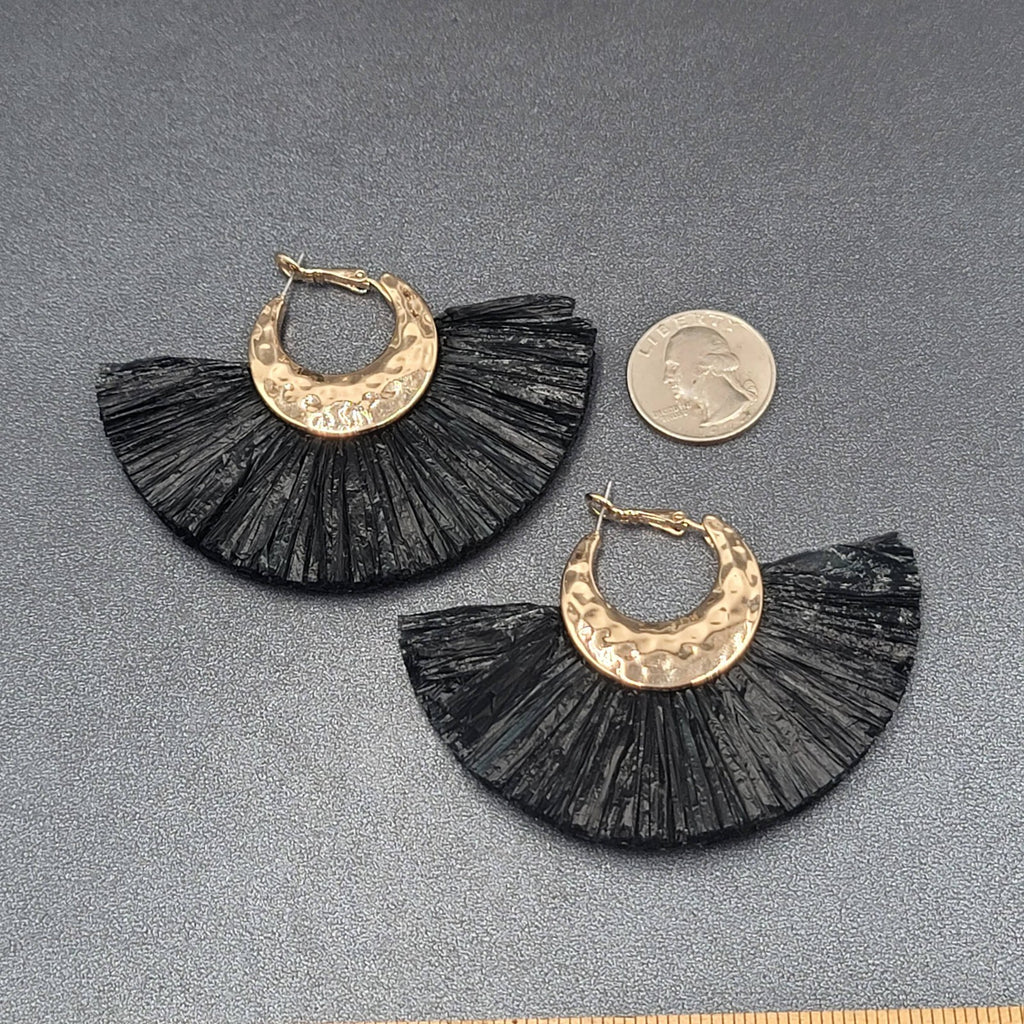 Pierced Earrings Gold tone Black Rattan Tassel Dangle 2.25"x3.25"